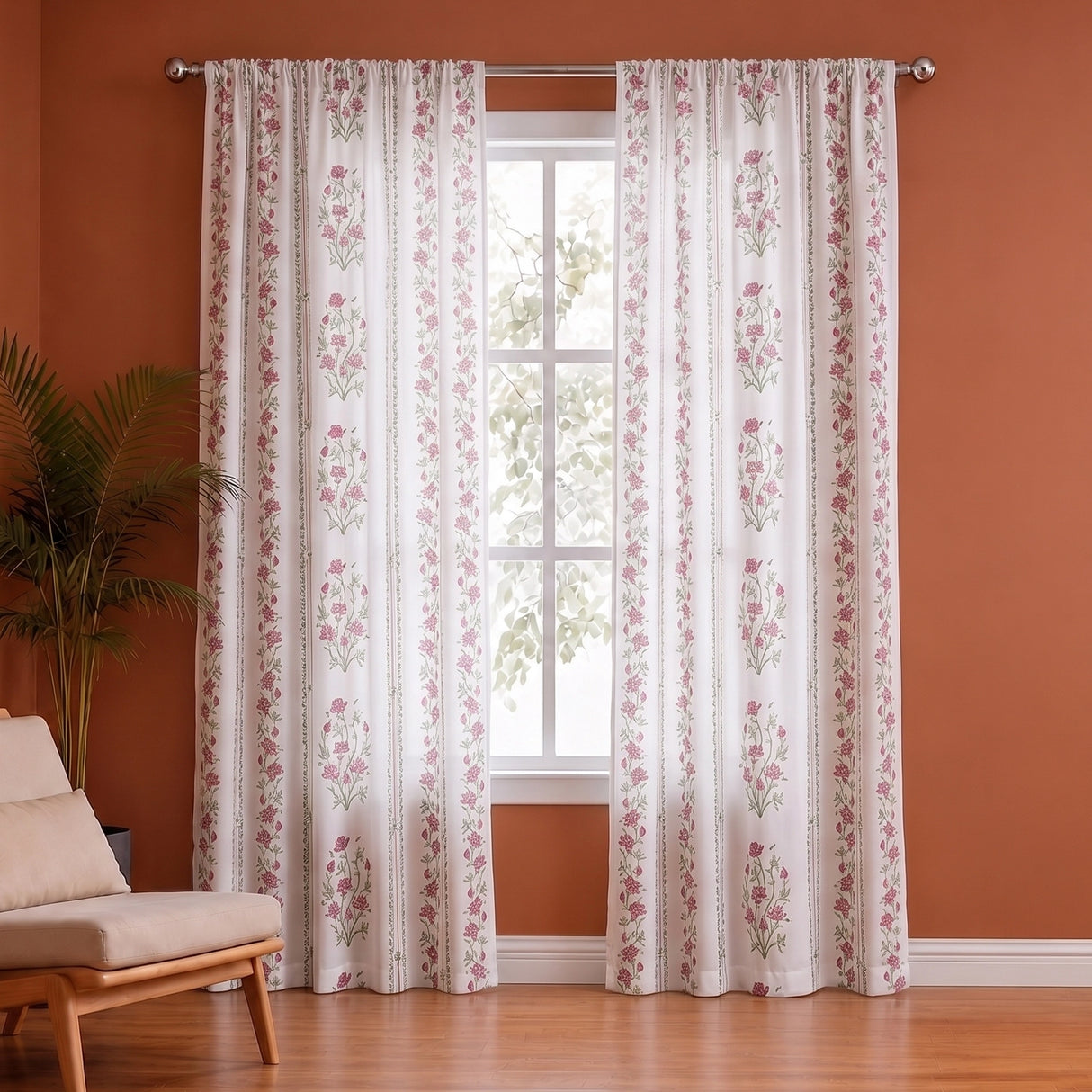 Pink Floral Petal Stripe Rod Pocket Printed duck Curtain