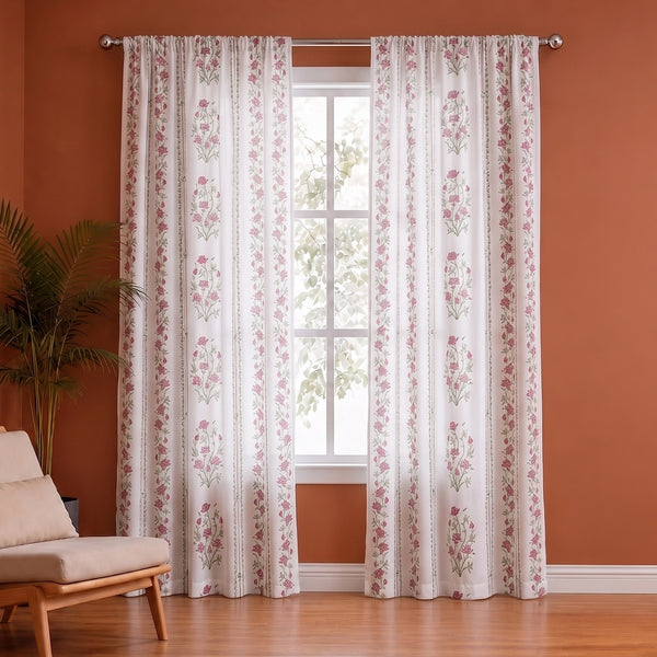 Pink Floral Petal Stripe Rod Pocket Printed duck Curtain