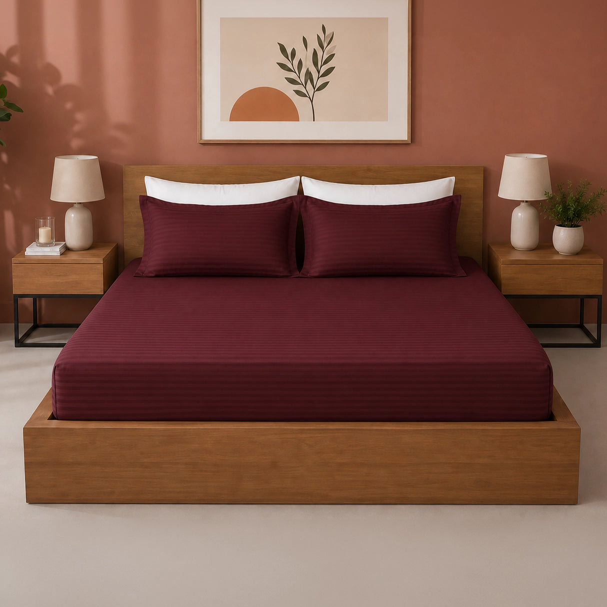 Breton Drift - Satin Stripes Fitted Bedsheet (Maroon)
