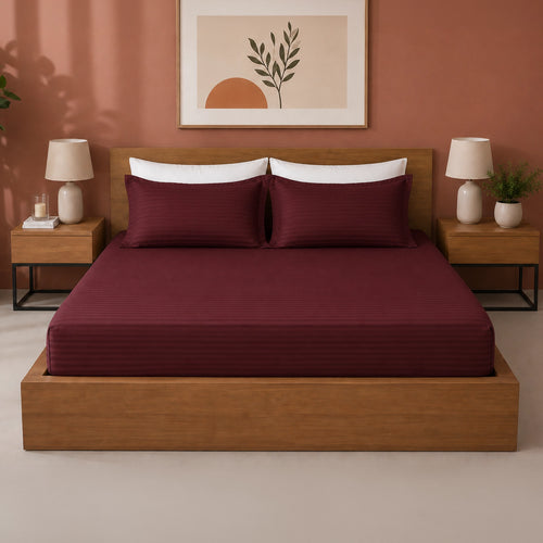 Breton Drift - Satin Stripes Fitted Bedsheet (Maroon)