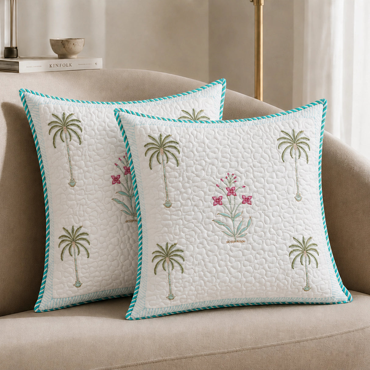 Ombre Tulip - Hand Block Print Quilted Cushion Cover (Green)