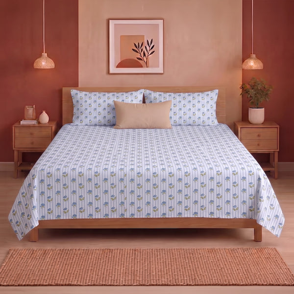 Soft Serenade - Floral Bedsheet (Blue)