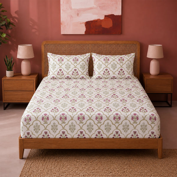 Spring Buds Pink - White Floral Fitted Sheet