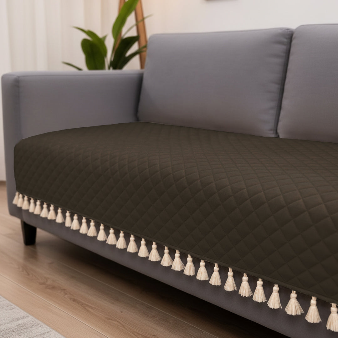 Quilted Velvet Sofa Cover with Tassels (Brown)