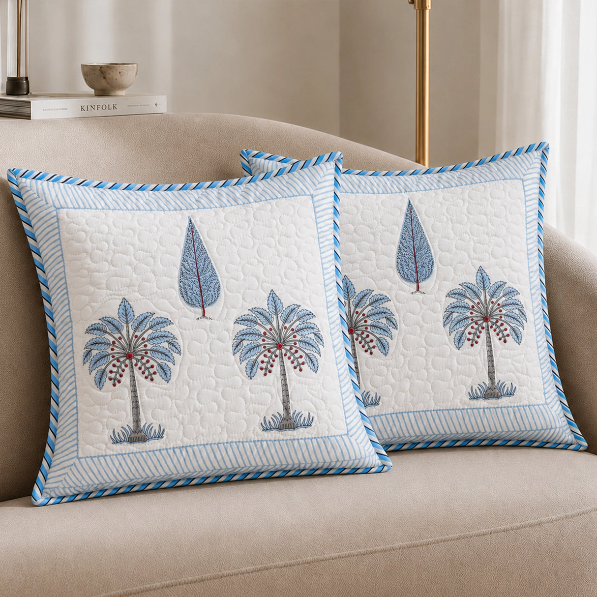 Ombre Lupine - Hand Block Print Quilted Cushion Cover (Blue)
