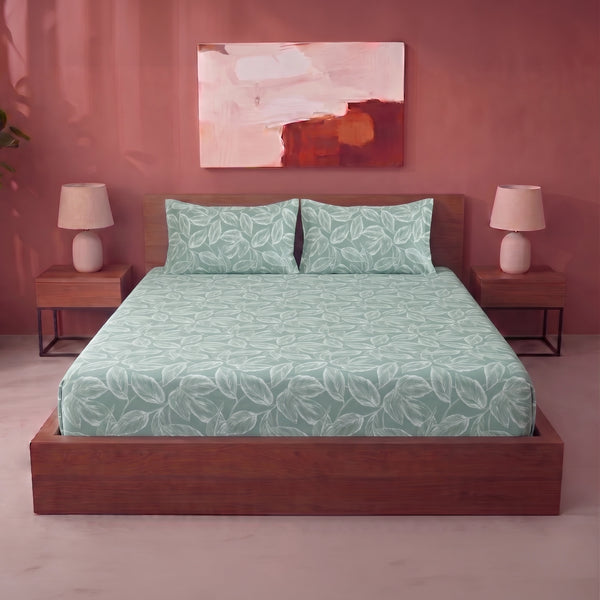 Imprimer Itsy-Bitsy - Leaf Printed Fitted Bedsheet (Aqua Blue)