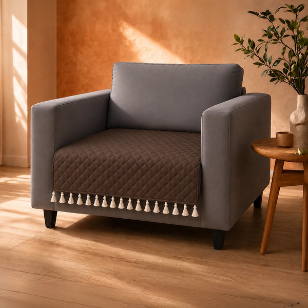 Quilted Velvet Sofa Cover with Tassels (Brown)