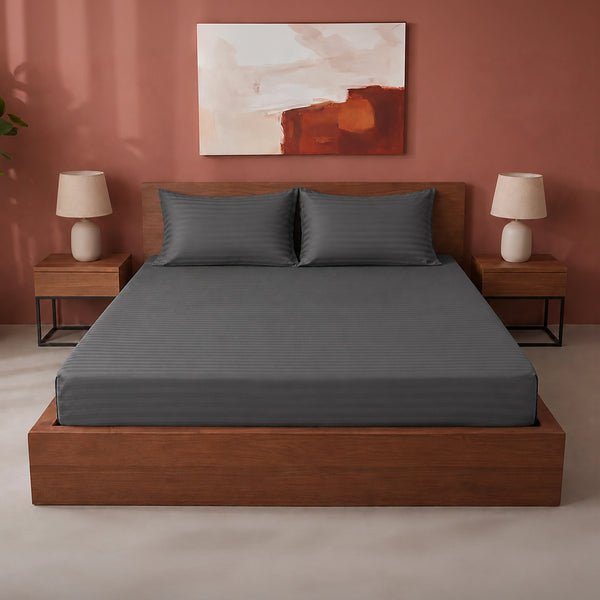 Breton Drift - Satin Stripes Fitted Bedsheet (Grey)
