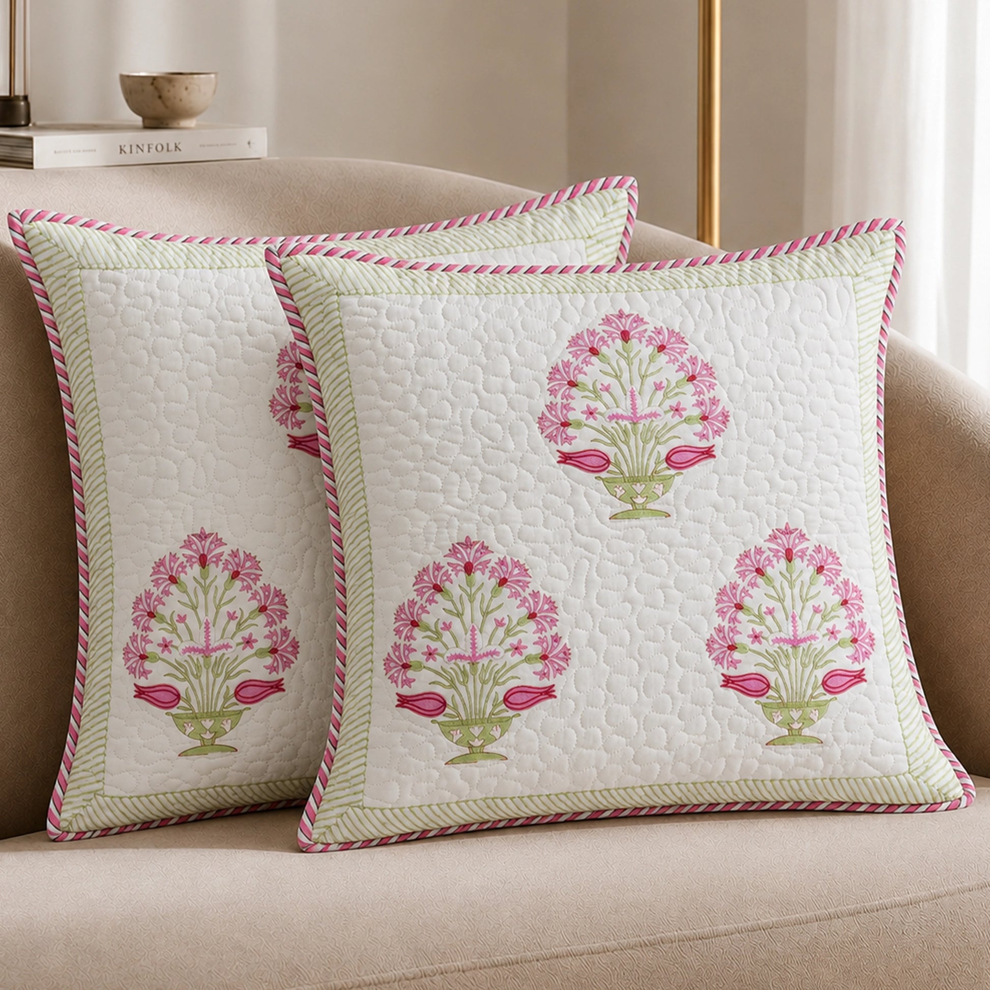 Ombre Rosey - Hand Block Print Quilted Cushion Cover (Pink)