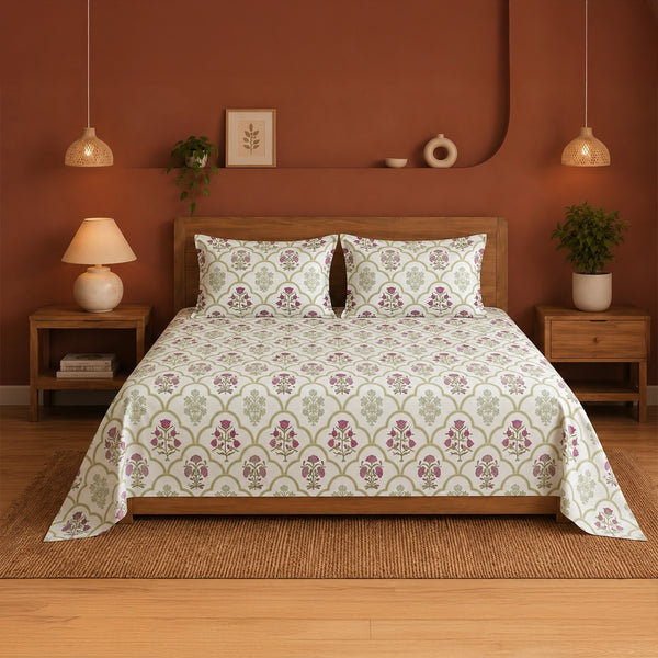 Spring Buds Pink - White Floral Bedsheet