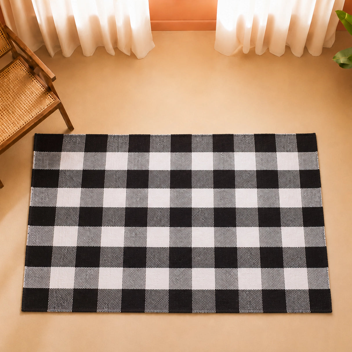 Breton Shadowplay - Plaid Cotton Rug (Black & White)