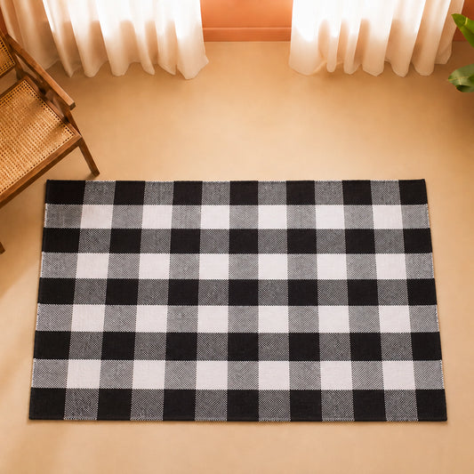 Breton Shadowplay - Plaid Cotton Rug (Black & White)Breton Shadowplay - Plaid Cotton Rug (Black & White)