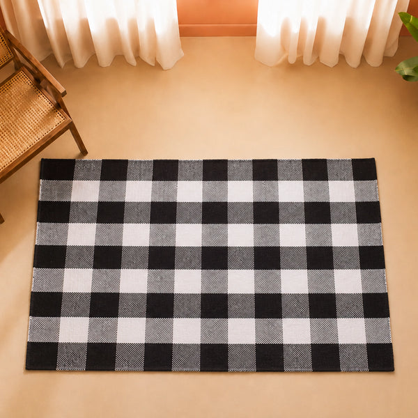Breton Shadowplay - Plaid Cotton Rug (Black & White)