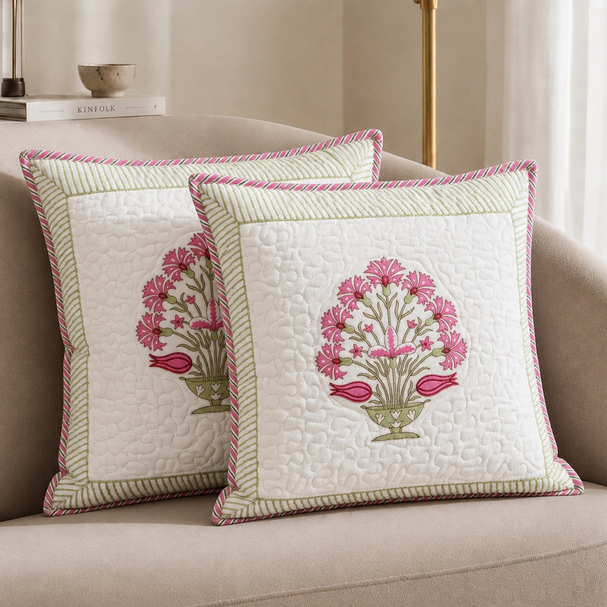 Ombre Rosey - Hand Block Print Quilted Cushion Cover (Pink)