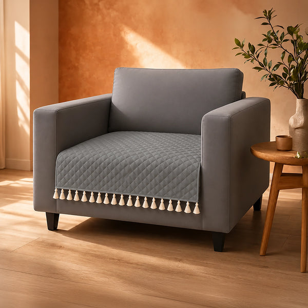 Quilted Velvet Sofa Cover with Tassels (Grey)