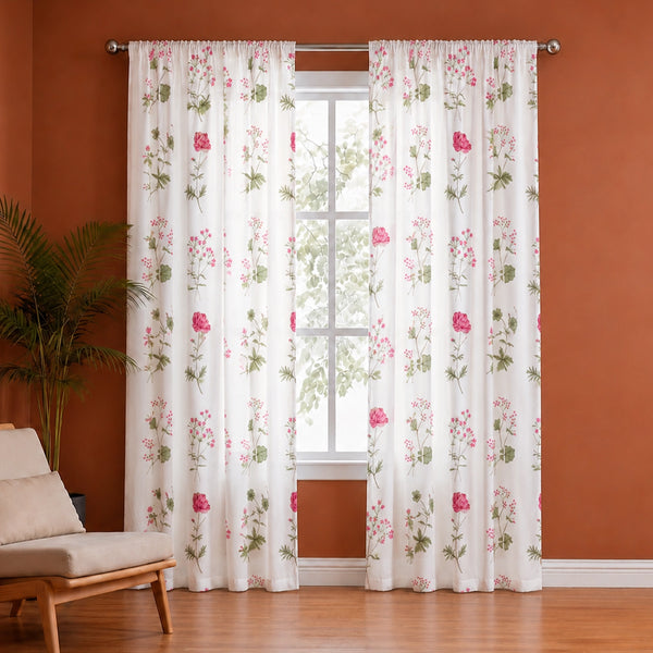 Pink Floral Printed Rod Pocket Duck Curtain