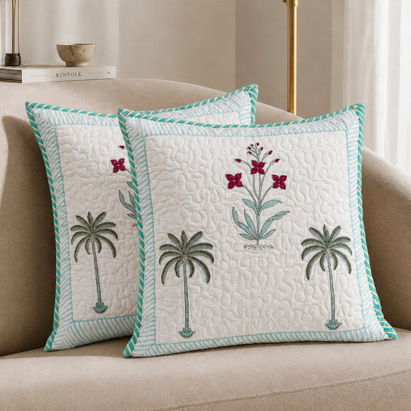 Ombre Tulip - Hand Block Print Quilted Cushion Cover (Green)