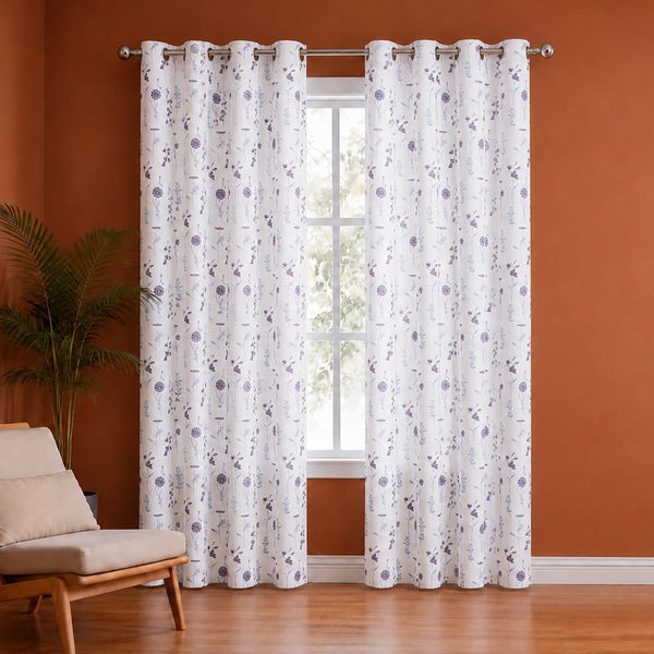 Blue & Purple Floral Flaux Eyelet Duck Curtain