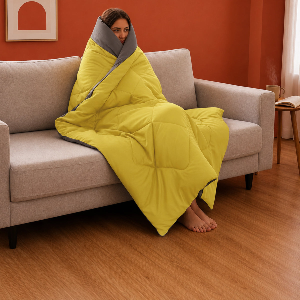Fort - Box Stitch Duvet Comforter (Mango Yellow & Dark Grey)