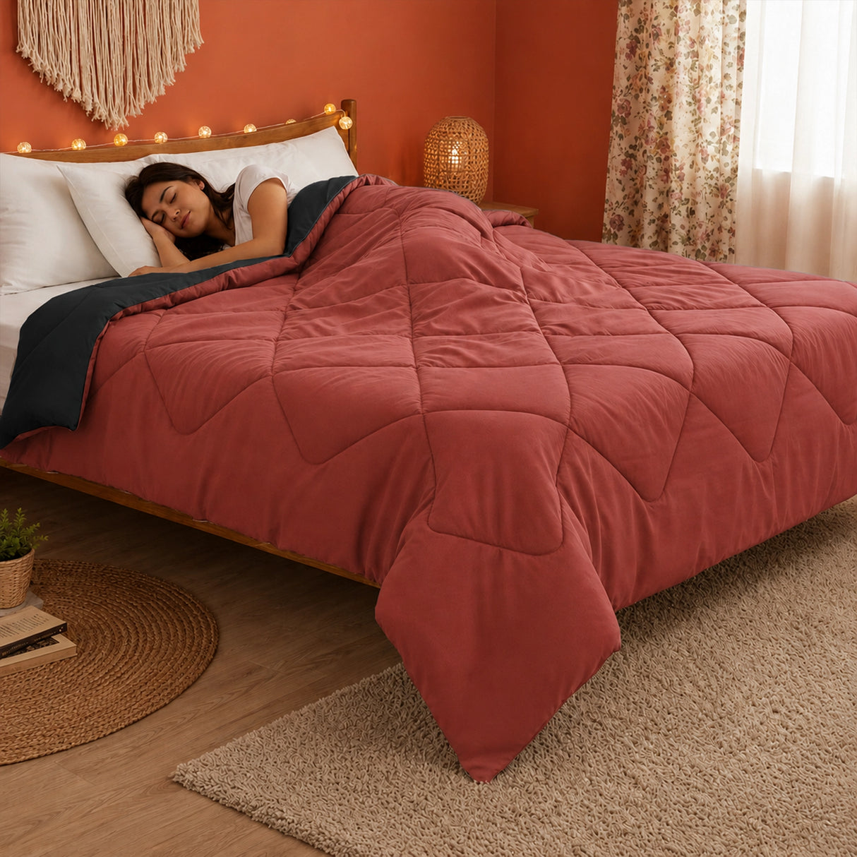 Fort - Box Stitch Duvet Comforter (Red & Black)