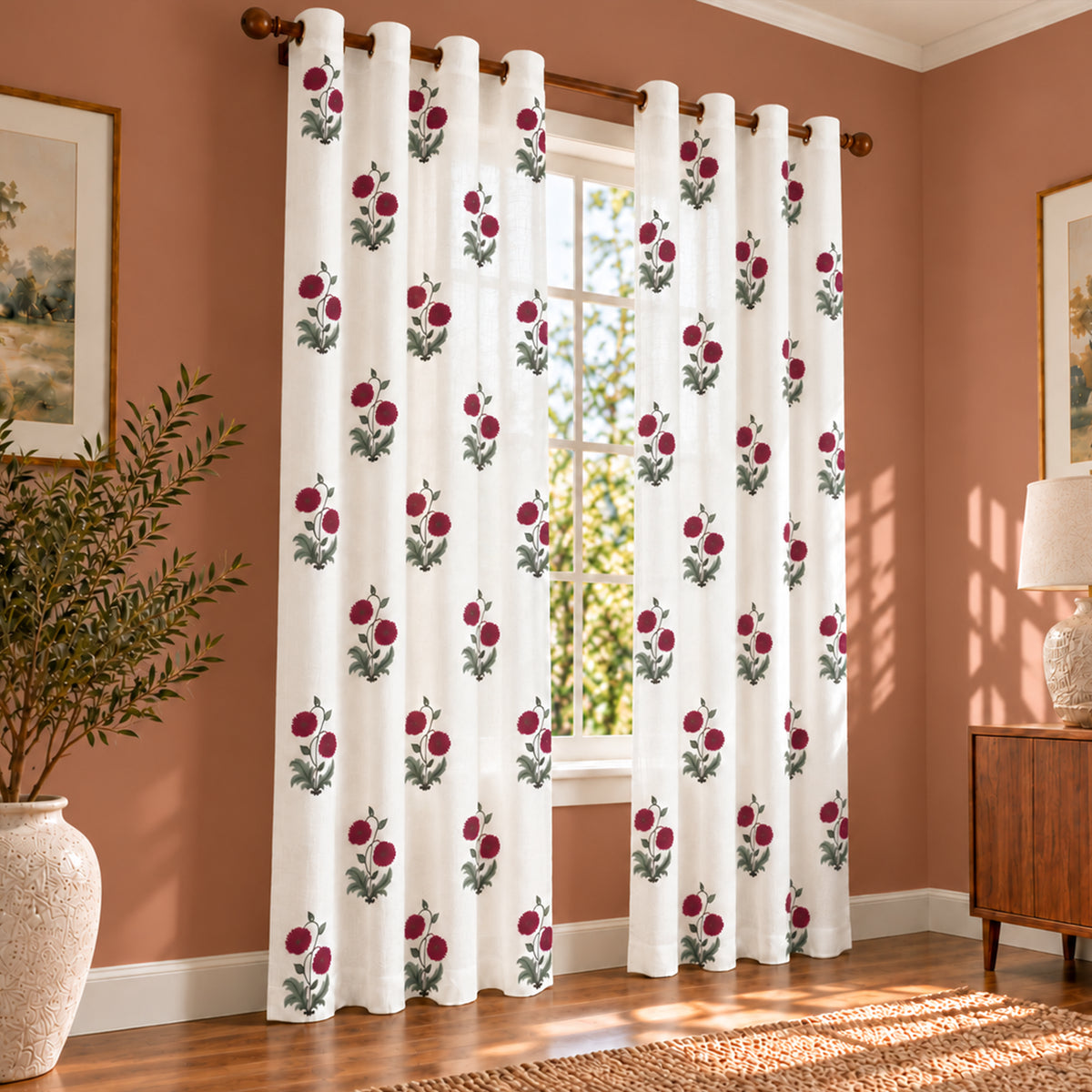 Fort Absolute - Eyelet Red Rose Sheer Curtain