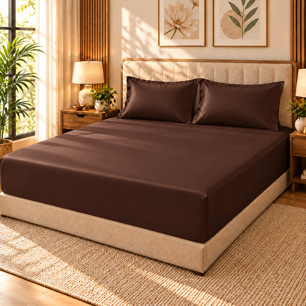 Premium Poly Satin Fitted Bedsheet – Soft, Smooth & Snug Fit, Chocolate Brown