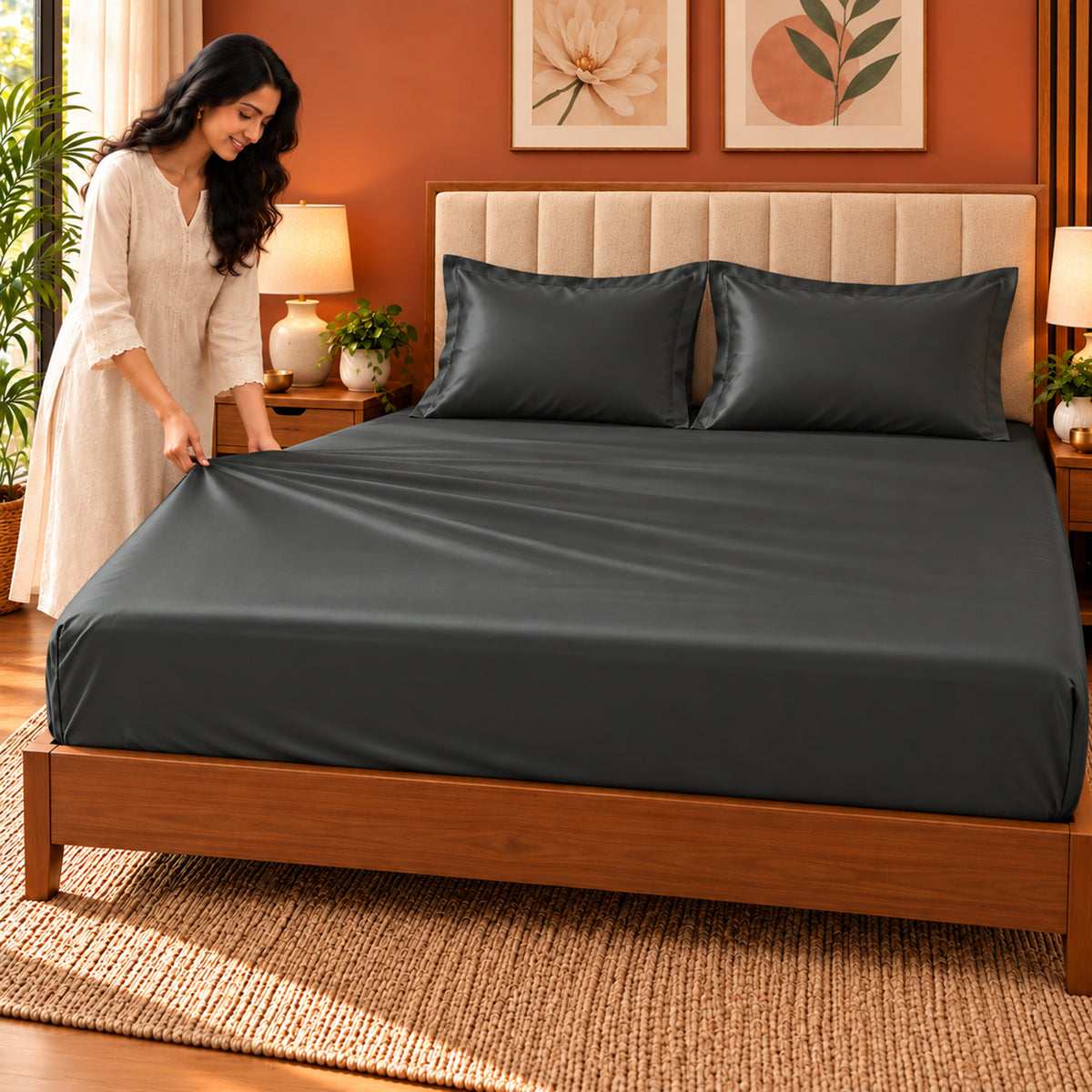 Premium Poly Satin Fitted Bedsheet – Soft, Smooth & Snug Fit,Graphite Grey