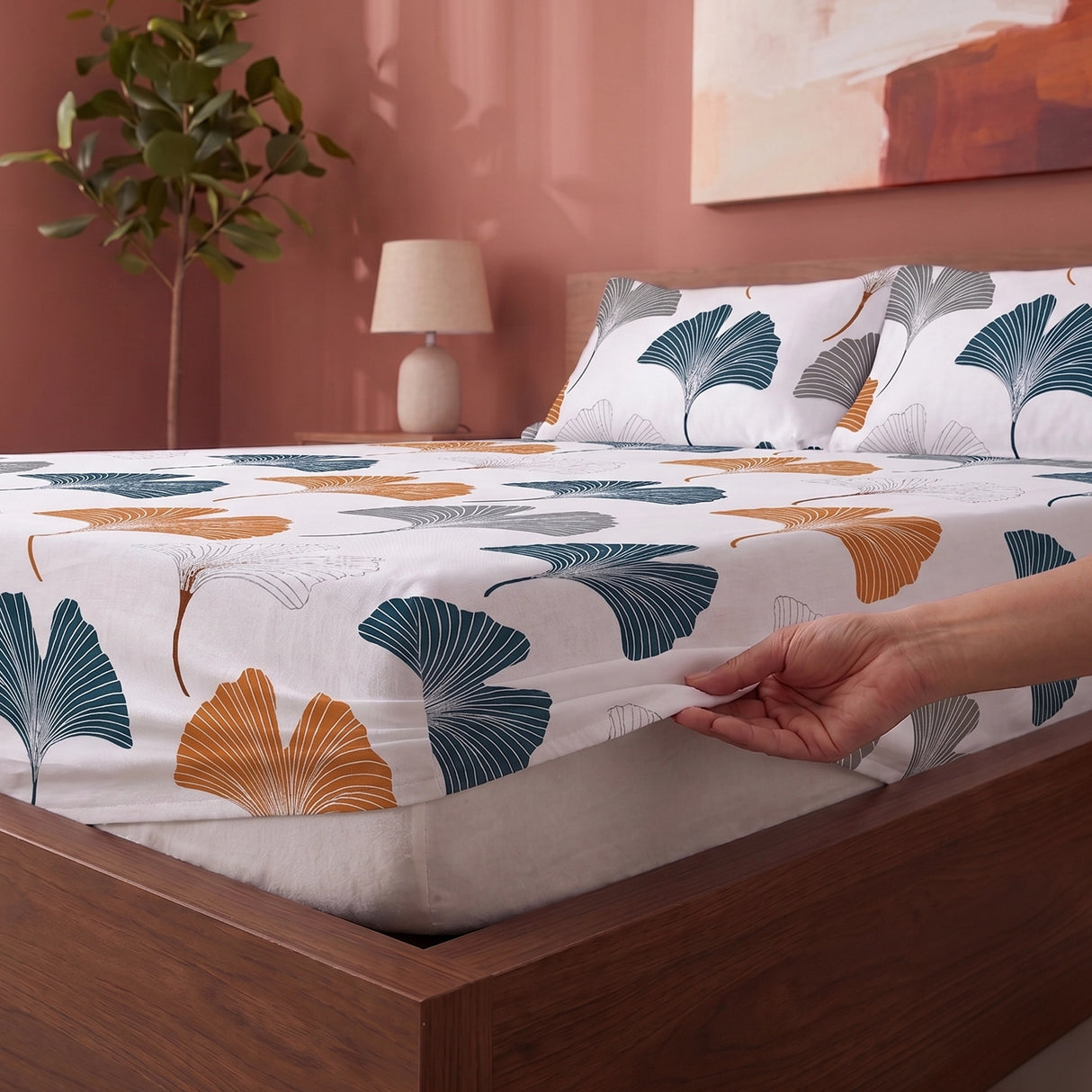 Imprimer Ginkyo - Floral Printed Fitted Bedsheet (Mustard & Grey)