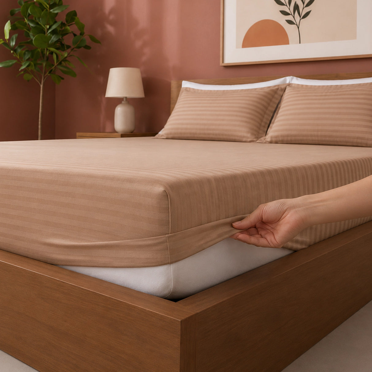 Breton Drift - Satin Stripe Fitted Bedsheet with Pillow Covers (Taupe)