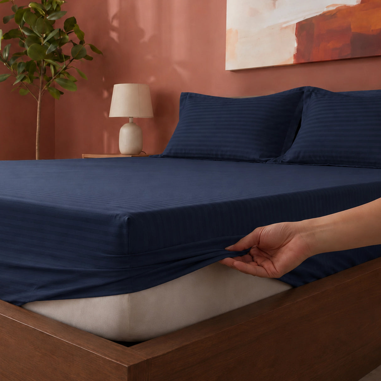 Breton Drift - Satin Stripes Fitted Bedsheet (Dark Blue)