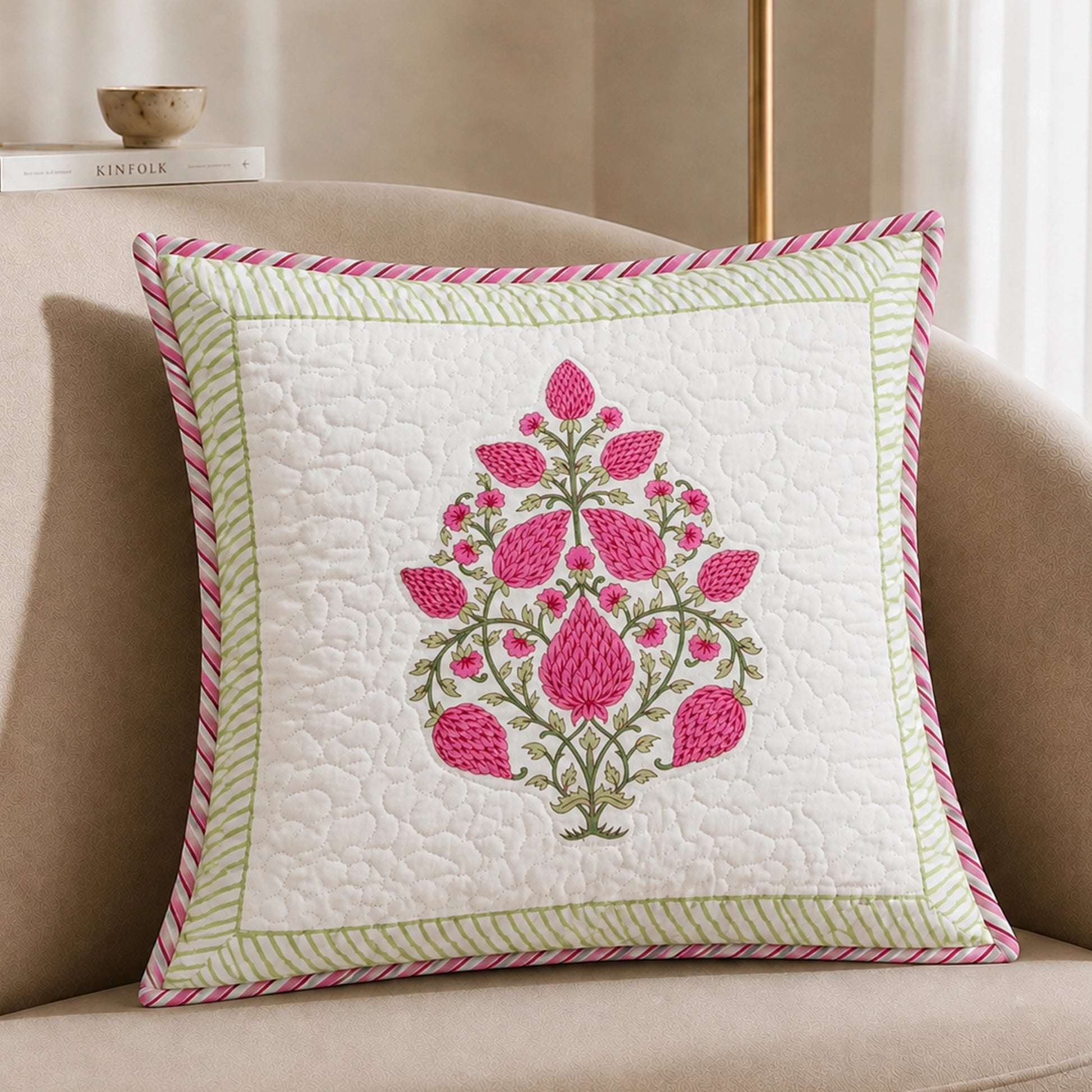 Ombre Berry - Hand Block Print Quilted Cushion Cover (Pink)