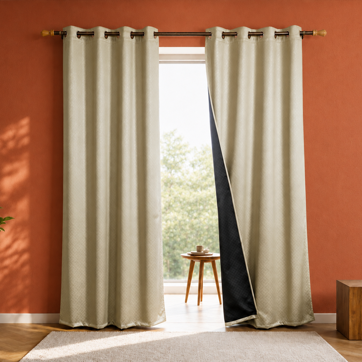 Beige Embossed Blackout Curtain (Brick Lace - Eyelet)