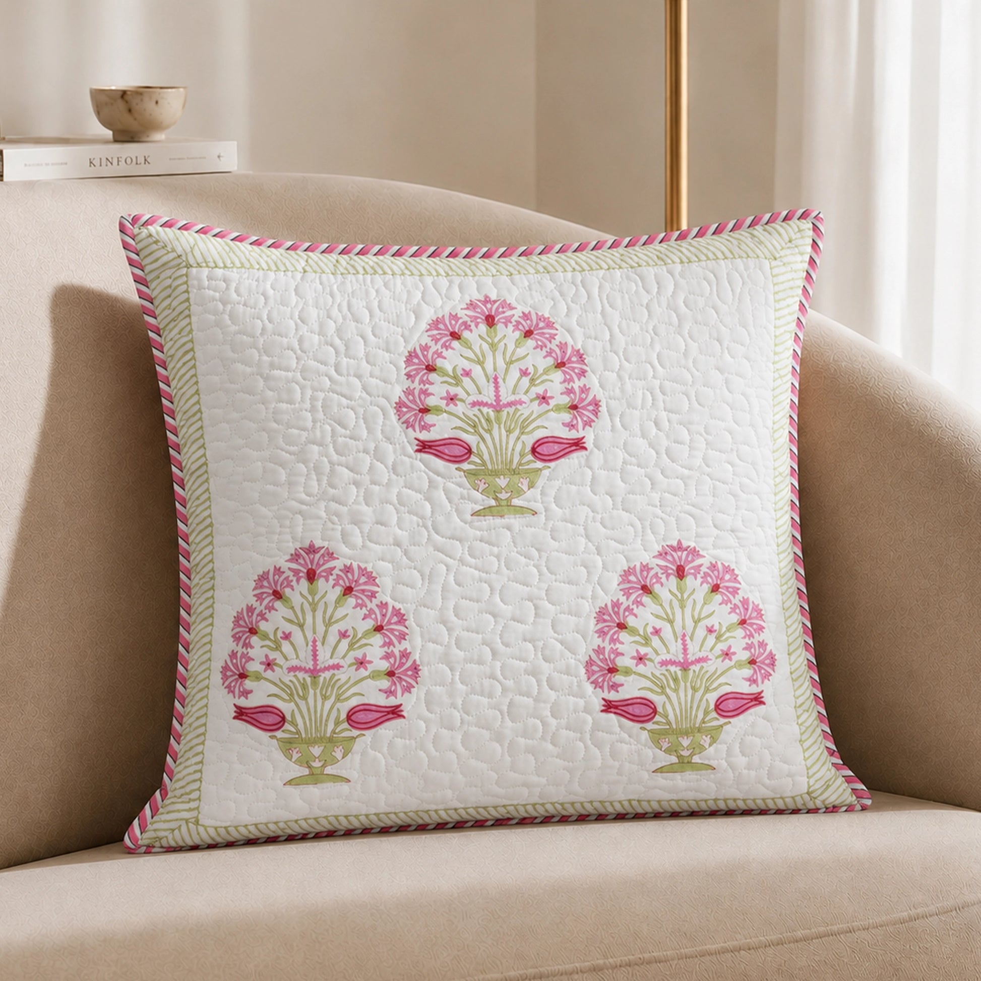 Ombre Rosey - Hand Block Print Quilted Cushion Cover (Pink)
