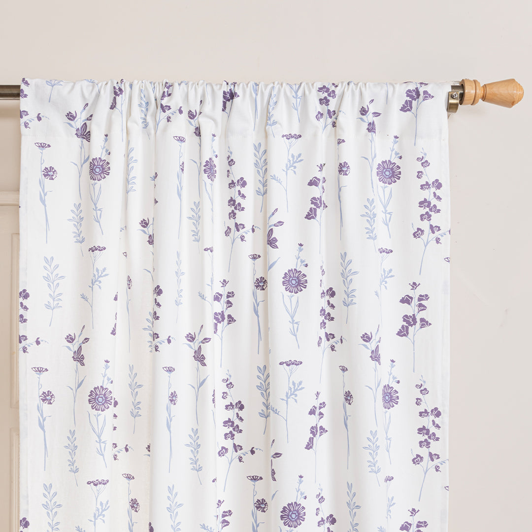 Blue & Purple Floral Flaux Rod Pocket Duck Curtain