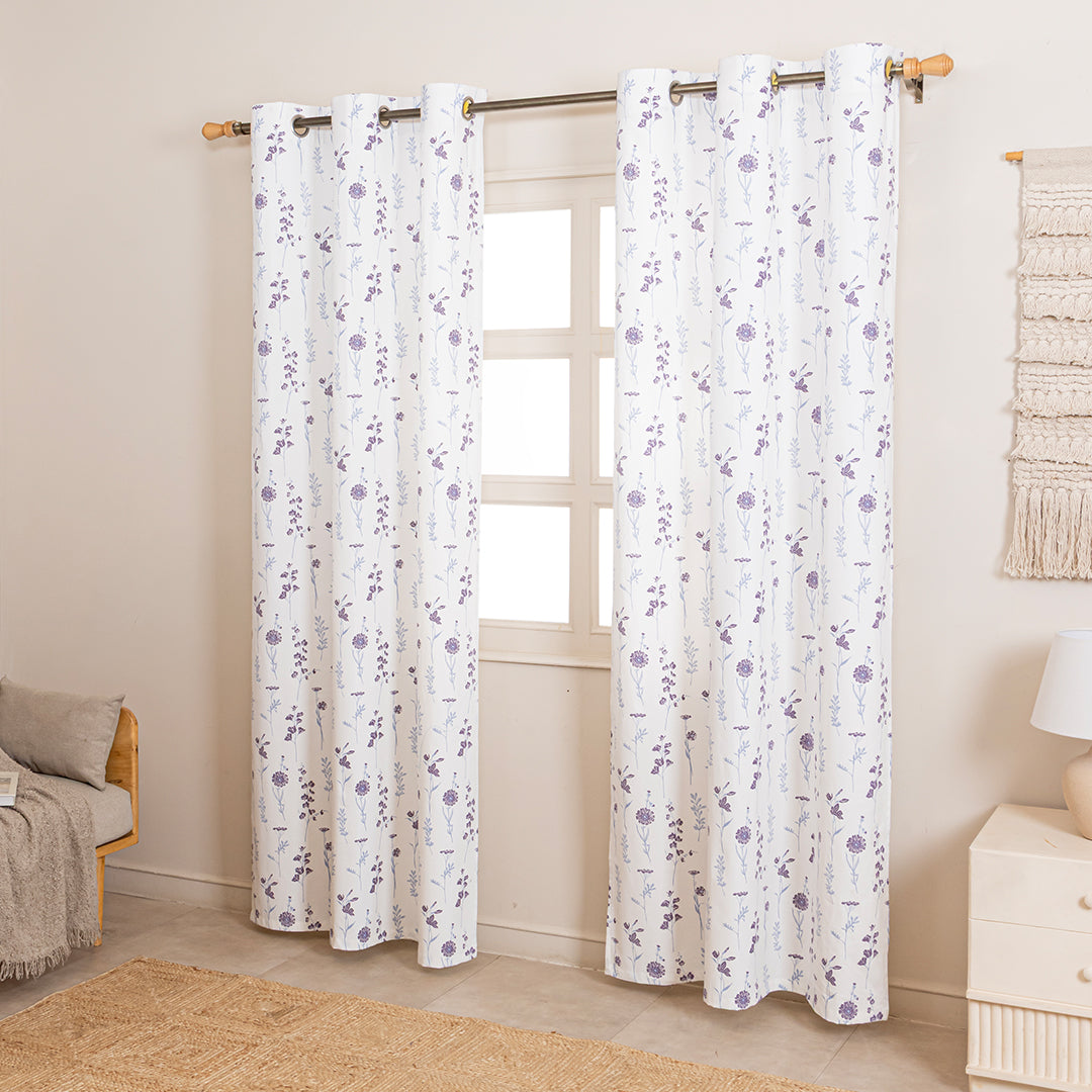 Blue & Purple Floral Flaux Eyelet Duck Curtain
