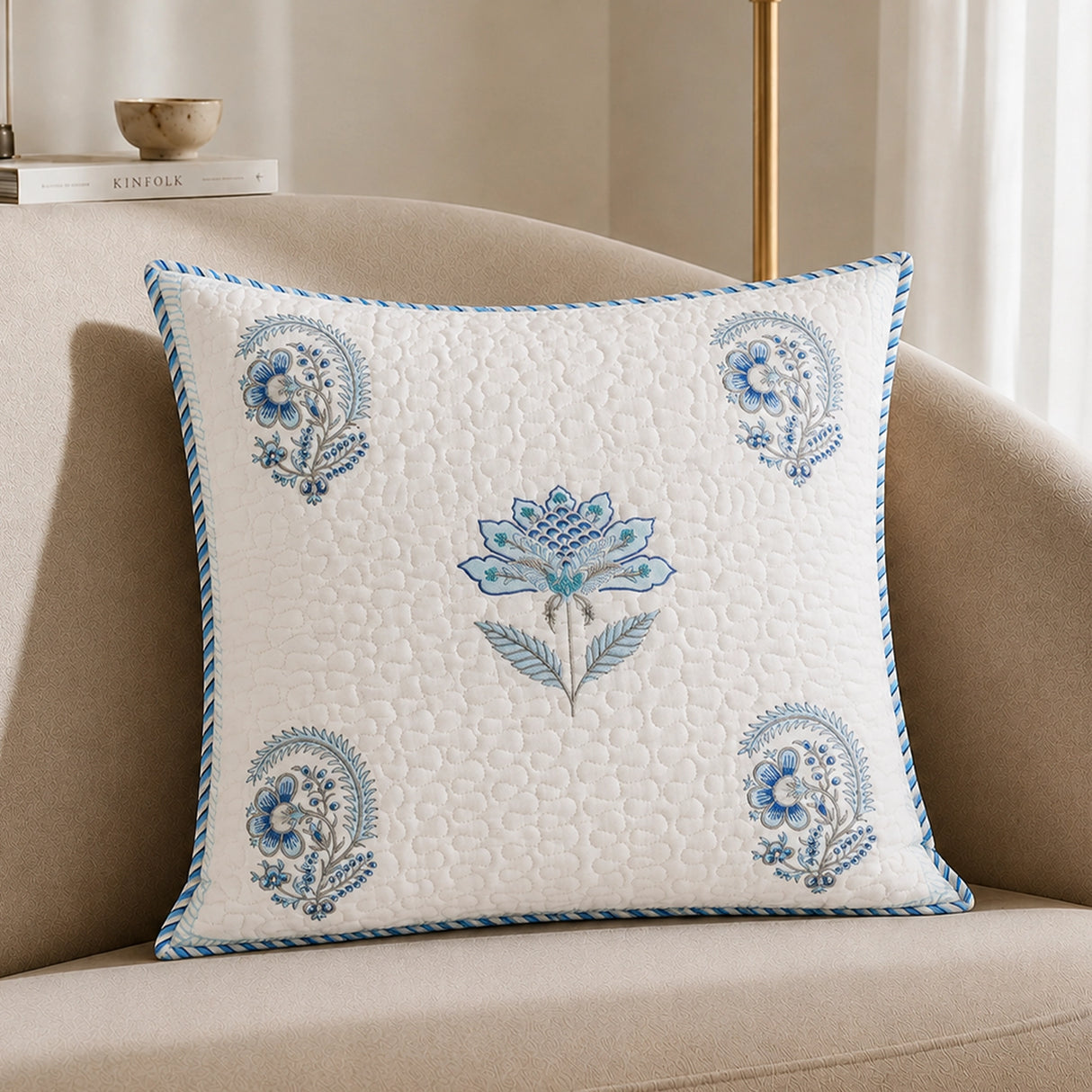 Ombre Tranquil - Hand Block Printed Quilted Cushion Cover (Baby Blue)