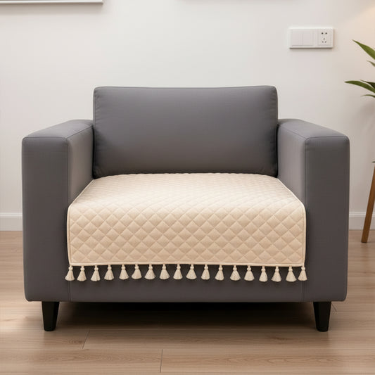 Quilted Velvet Sofa Cover with Tassels (Beige)Quilted Velvet Sofa Cover with Tassels (Beige)