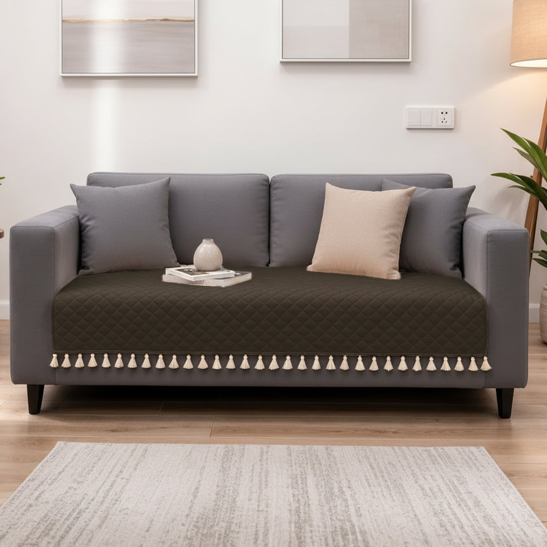 Quilted Velvet Sofa Cover with Tassels (Brown)