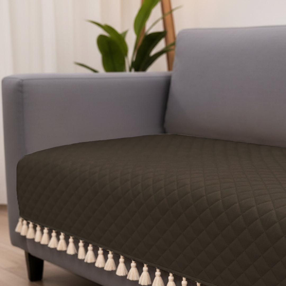 Quilted Velvet Sofa Cover with Tassels (Brown)
