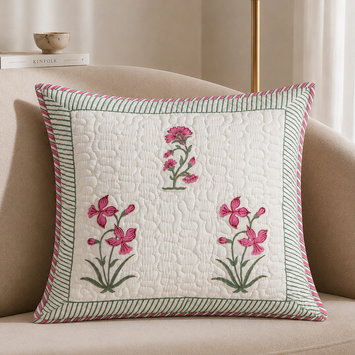 Ombre Orchid - Hand Block Print Quilted Cushion Cover (Pink)