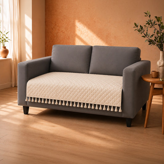 Quilted Velvet Sofa Cover with Tassels (Beige)Quilted Velvet Sofa Cover with Tassels (Beige)