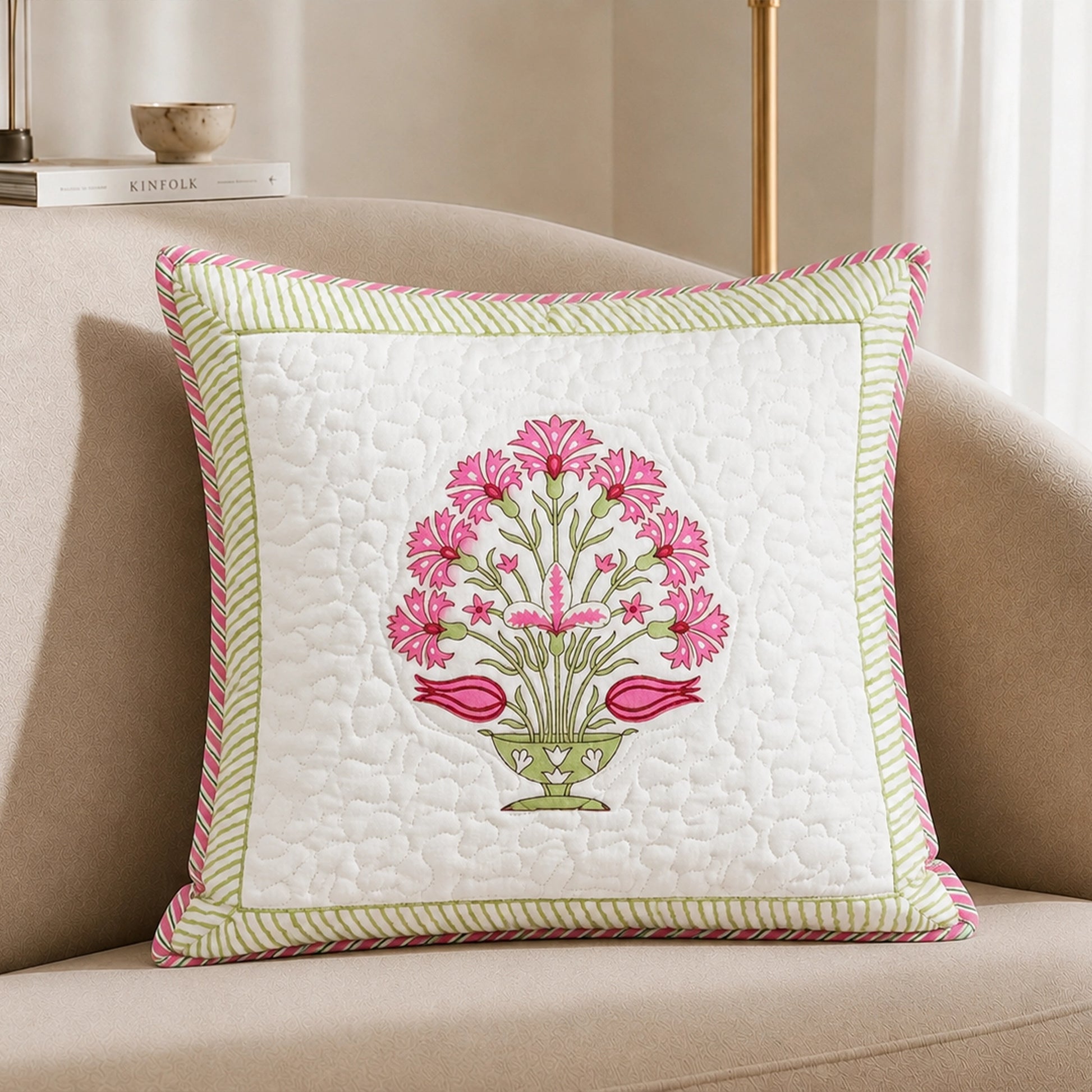Ombre Rosey - Hand Block Print Quilted Cushion Cover (Pink)