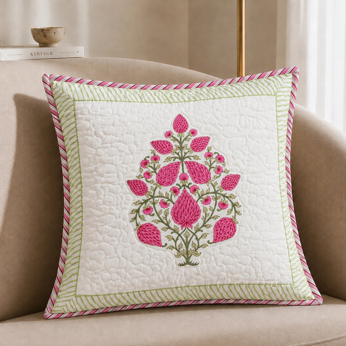 Ombre Berry - Hand Block Print Quilted Cushion Cover (Pink)