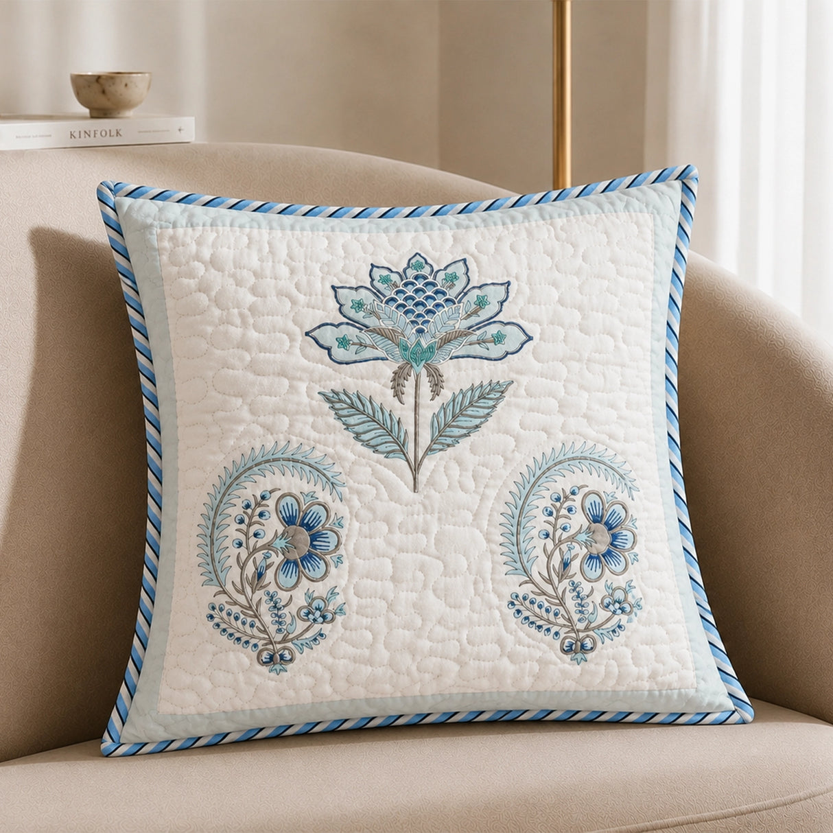 Ombre Tranquil - Hand Block Printed Quilted Cushion Cover (Baby Blue)