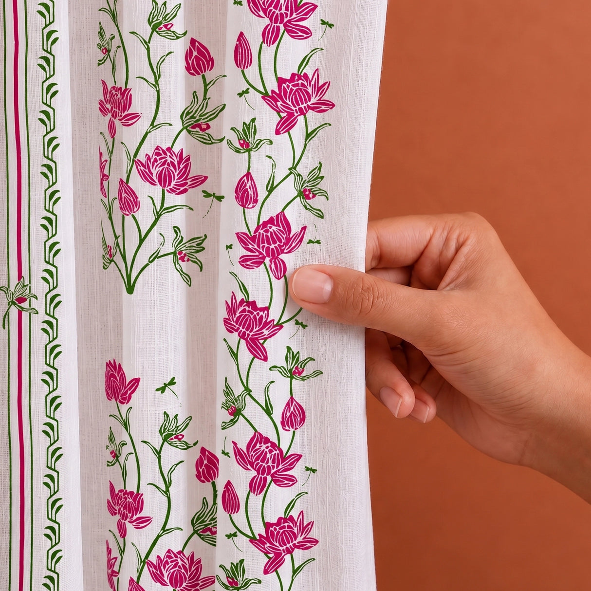 Pink Floral Petal Stripe Rod Pocket Printed duck Curtain
