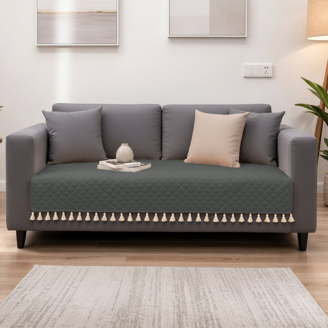 Quilted Velvet Sofa Cover with Tassels (Grey)