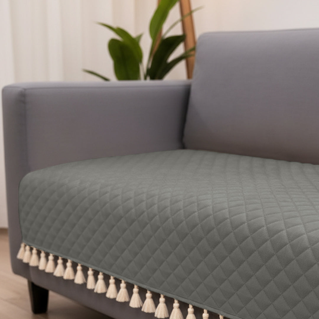 Quilted Velvet Sofa Cover with Tassels (Grey)