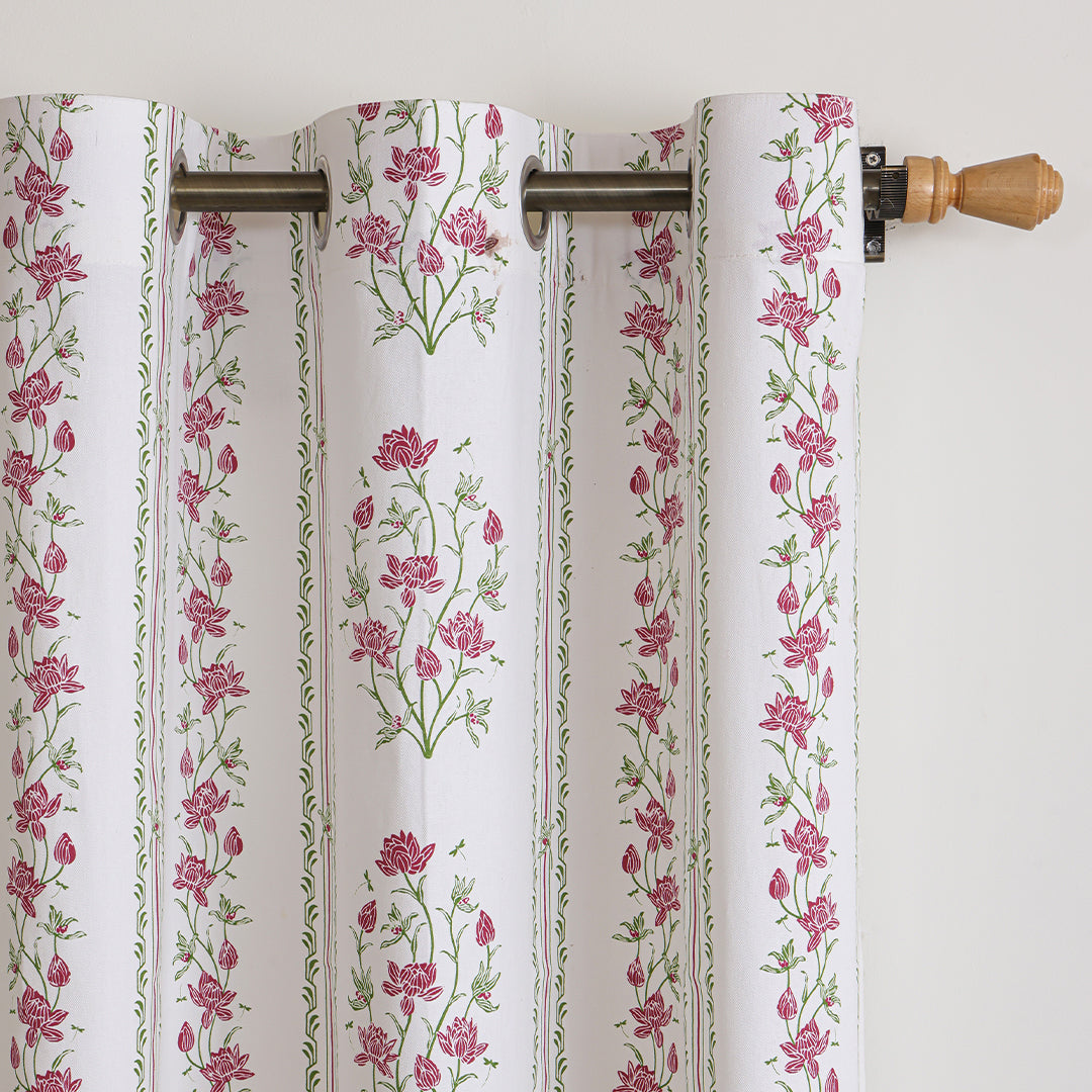 Pink Floral Petal Stripe Eyelet Printed duck Curtain