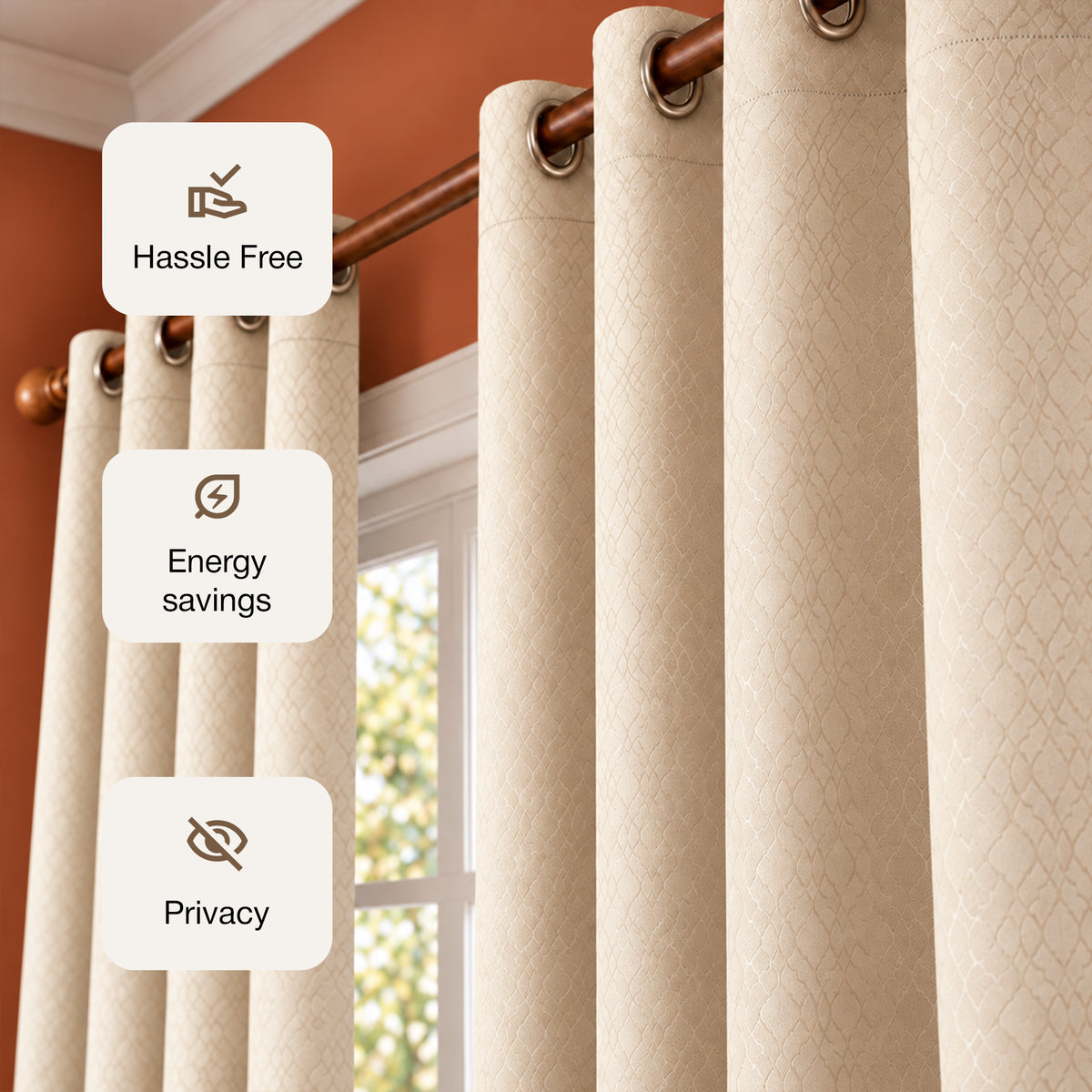Opaline Beige Embossed Blackout Curtain (Elara - Eyelets)