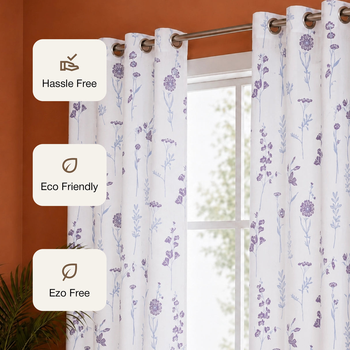 Blue & Purple Floral Flaux Eyelet Duck Curtain